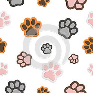 Seamless animal pattern Paw footprint flat cartoon style. Cat paws