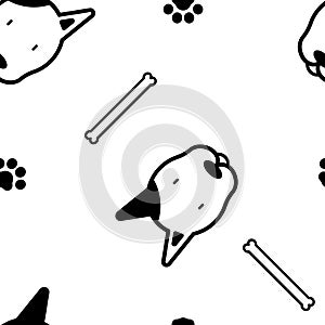 seamless animal pet bull terrier dog repeat pattern with bone and foot print paw in white background