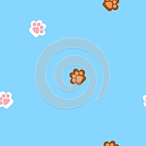 Seamless animal pet cat and dog foot print paw repeat pattern in blue background