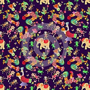 Seamless animal print for children with rooster, elephant, crocodile, monkey, birds, cat, kitten, duck and flowers. Fairy tale.