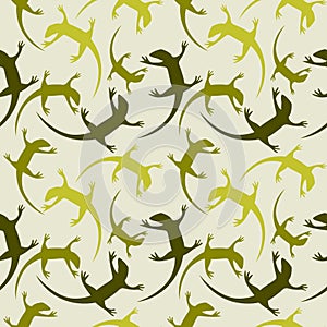 Seamless animal vector pattern, chaotic background with colorful reptiles, silhouettes over light green backdrop