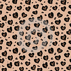 Seamless animalistic pattern. Leopard with abstract hearts.