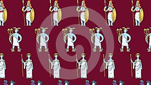 Seamless animated pattern of Ancient Greek gods on colorful background. Ancient Greece mythology. Isolated. Looped 4K