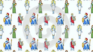 Seamless animated pattern of ancient greek gods on colorful background. Ancient Greece mythology. Isolated. Looped 4K