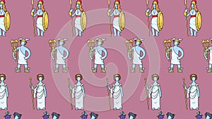 Seamless animated pattern of Ancient Greek gods on colorful background. Ancient Greece mythology. Isolated. Looped 4K
