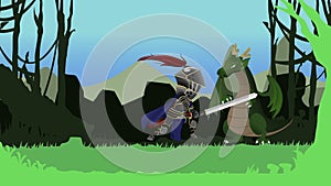 Seamless animation cartoon of a knight warrior fighting and slashing a dragon with his great sword in medieval fantasy RPG game co