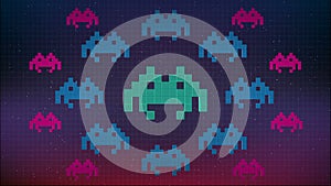 Seamless animation of cute 8 bit pixel space game or computer virus attacking your computer. Pixel virus or spyware background