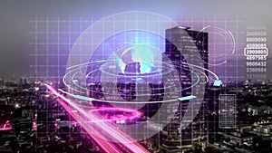 Seamless animation of digital hologram scanning technology of modern city in business and telecommunication internet network