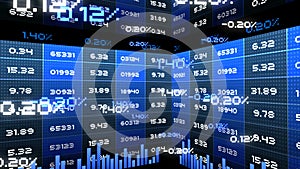 Seamless animation of pixelated digital business financial and stock statistic table chart and information data number background