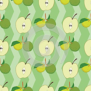 Seamless apple pattern on green chevron background