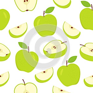 Seamless apple pattern. Sliced green apples white background.