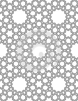 Seamless arabic geometric ornament in black and white.Contoured lines