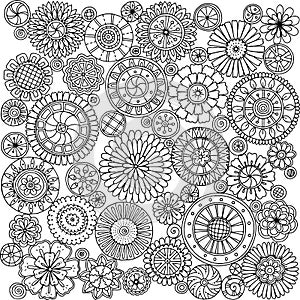 Seamless asian ethnic floral mandala doodle black and white pattern