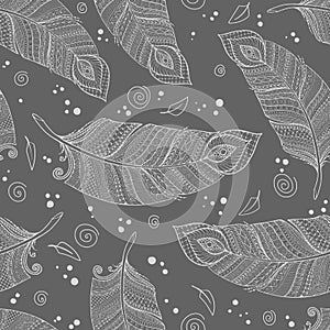 Seamless asian ethnic floral retro doodle background pattern in vector with feathers.