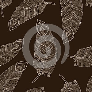 Seamless asian ethnic floral retro doodle background pattern in vector with feathers.