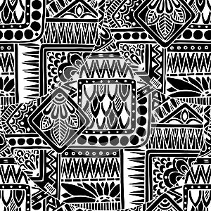 Seamless asian ethnic floral retro doodle black and white background pattern