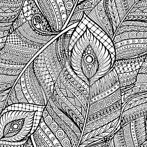 Seamless asian ethnic floral retro doodle black and white background pattern in vector with feathers.