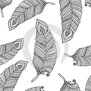 Seamless asian ethnic floral retro doodle black and white background pattern in vector with feathers.