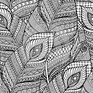 Seamless asian ethnic floral retro doodle black and white background pattern in vector with feathers.