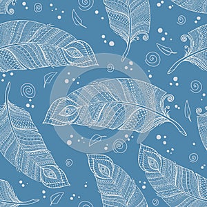 Seamless asian ethnic floral retro doodle blue background pattern in vector with feathers.