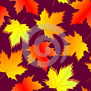 seamless asymmetric pattern of autumn maple leaves on a dark magenta background, texture