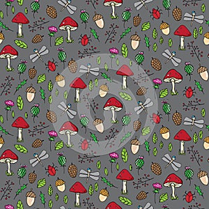 Seamless atumn forest pattern with mushrooms in cartoon style