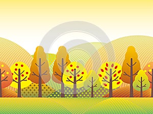 Seamless Autumn Countryside Vector Landscape Illustration. Horizontally Repeatable.