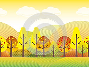 Seamless Autumn Countryside Vector Landscape Illustration. Horizontally Repeatable.