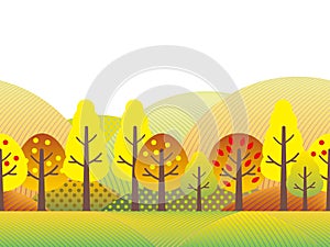 Seamless Autumn Countryside Vector Landscape Illustration. Horizontally Repeatable.
