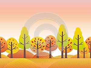 Seamless Autumn Countryside Vector Landscape Illustration. Horizontally Repeatable.