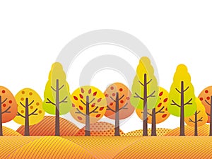 Seamless Autumn Countryside Vector Landscape Isolated On A White Background. Horizontally Repeatable.