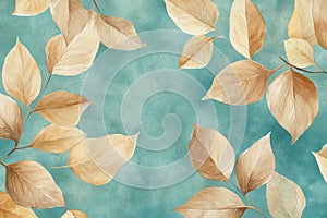A seamless autumn leaf pattern featuring brown and orange leaves on a blue background.