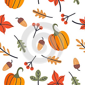 Seamless autumn pattern. Autumn leaves, orange pumpkins, berries and acorns. Vector illustration