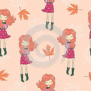 Seamless autumn pattern with cute cartoon girls