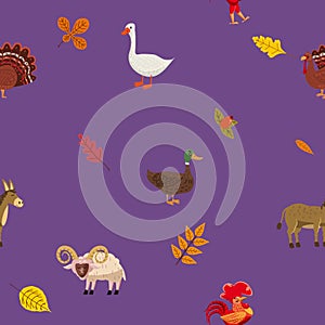 Seamless autumn pattern with farm animal ram, goose, duck. Vector background cartoon style