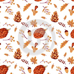 Seamless Autumn Pattern with Leaves and Hedgehog