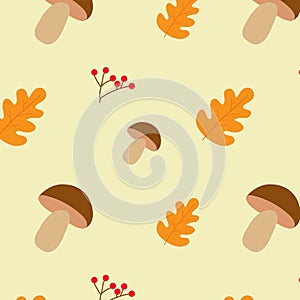 Seamless autumn pattern with leaves and mushrooms.
