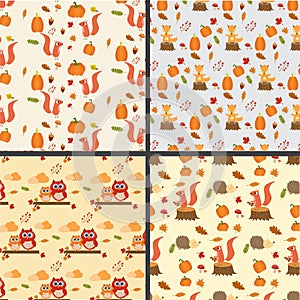 Seamless autumn pattern with little fox ,pumpkins,owls,squirrel