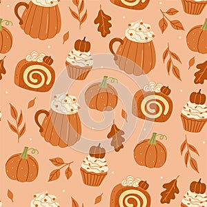 Seamless autumn pattern with pumpkin drinks and desserts. Vector graphics