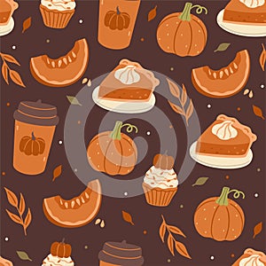 Seamless autumn pattern with pumpkins, food and drinks. Vector graphics