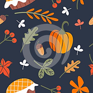 Seamless autumn pattern for thanksgiving. Autumn leaves, orange pumpkins, birthday cake, berries and acorns. Vector illustration