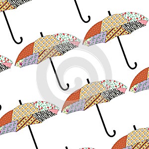 Seamless autumn seasonal pattern with patchwork umbrellas