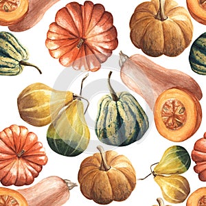 Seamless autumn watercolor pumpkin pattern
