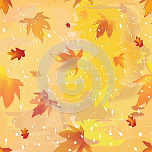 Seamless autumnal watercolorl pattern with stylized leaf fall and snowfall on grunge stained background