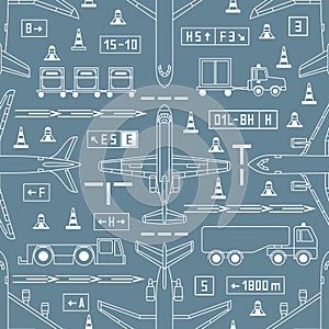 Seamless aviation pattern with airplanes and airport vehicles on gray background