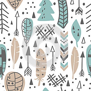 Seamless Aztec Tribal pattern with feather and arrows.