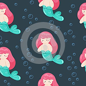 Seamless baby girl swimming little mermaid illustration kids under water sea theme background pattern in vector