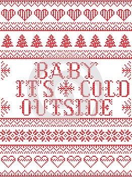 Seamless Baby its cold outside Scandinavian fabric style, inspired by Norwegian Christmas, festive winter pattern in cross stitch