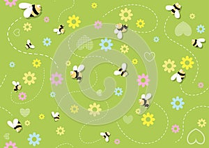 Seamless Baby Pattern with Bees on Green Flowering Background