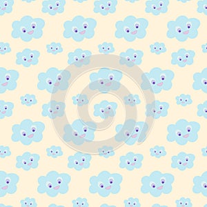 Seamless baby pattern with cute blue smiling clouds on pastel yellow background, illustration, eps 10. Kawaii smiling cloud
